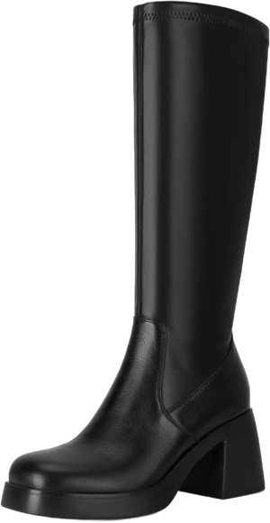 Dsevht Dark Red Leather Knee High Boots for Women Platform Chunky Block Heeled Burgundy Boots Square Toe and Side Zipper Design Fashion Dress 70s
