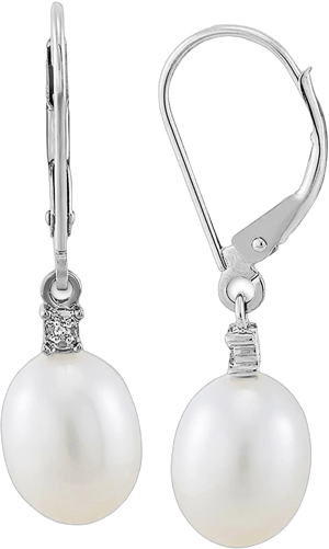 Women's Finecraft 8-10mm Freshwater Pearl Drop Earrings with Diamonds in 10kt