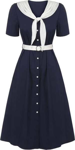 Retro Stage Sailor Contrast Collar Belted Dress