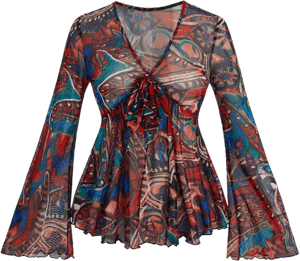 Verdusa Women's Paisley Boho 70s Mesh Peplum V Neck Long Sleeve Blouse