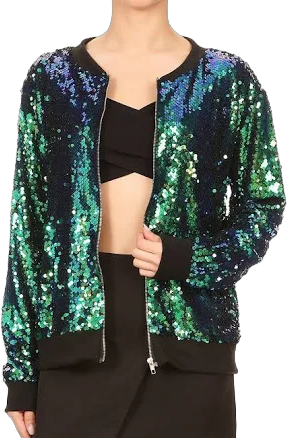 Womens Long Sleeve Front Zip Track Stripe Sequin Bomber Jacket