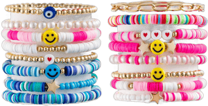 LieToi Preppy Heishi Bracelets Set Colorful White Gold Smile Heart Star Evil Eye Beaded Polymer Clay Pearl Stackable Charm Y2K Kidcore Summer Beach