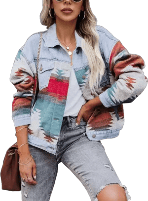 Lumister Women's Distressed Aztec Denim Jacket