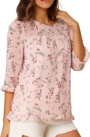 Women's Casual Ruffle 3/4 Sleeve Floral Print Chiffon Blouse, Size: XL, Pink Orange