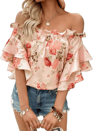 SOLY HUX Women's Floral Print Blouse Off Shoulder Ruffle Trim Half Sleeve Summer Tops