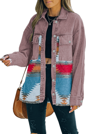 Lumister Women's Distressed Aztec Denim Jacket
