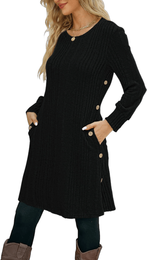 Women's Casual Crew Neck Long Sleeve Tunic Dress with Pockets