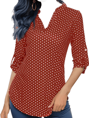 Polka Dot Tops for Women 3/4 Roll Sleeve Tops Tunics Notch V Neck Blouses Vintage Business Casual Clothing