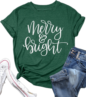MAIHUN Christmas Shirts Womens Merry and Bright Shirt Xmas Holiday Tshirt Christmas Lights Tee Tops