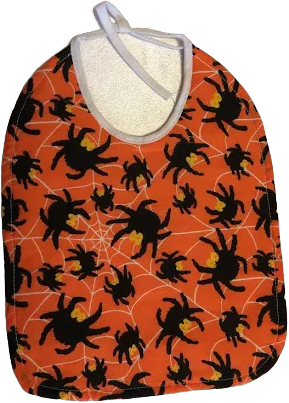 Halloween Baby Bib! Spiders! Webs! White Quilted Absorbent Backing. 100% Cotton. Orange Background. Photo Prop!