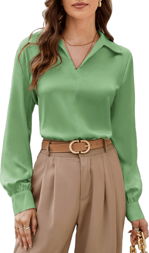 Grace Karin Women's Satin Silk Lapel V Neck Long Sleeve Blouse