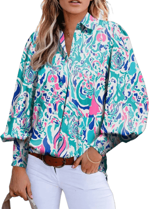 2024 Women's Loose V-Neck Paisley Lantern Sleeve Shirt