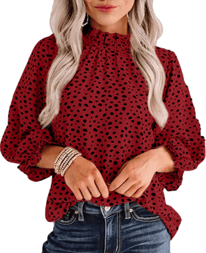Avanova Women's Polka Dot Long Sleeve Mock Neck Ruffle Top