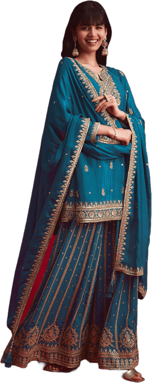 Zari Embroidered Kurta Palazzo with Butti Work Dupatta