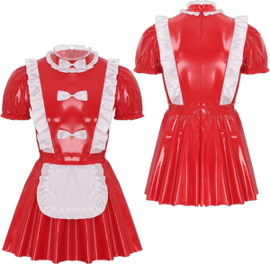 Men's Glossy Patent Leather Naughty Maid Uniform with Ruffles Trim Bow