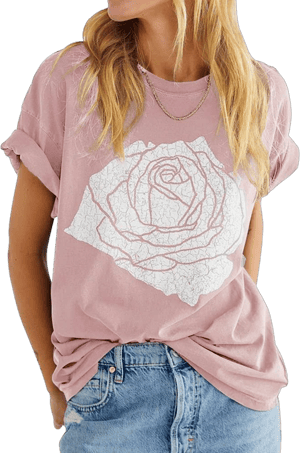 Women's Loose Fit Boyfriend Crew Neck Short Sleeve Rose Graphic Tee