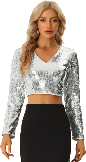 Allegra K Women's Sparkly Sequin Long Sleeve V Neck Crop Top