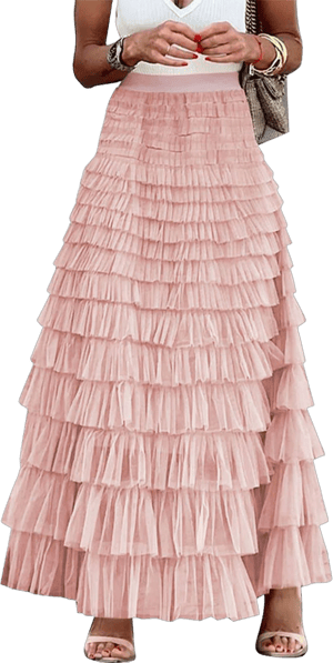 Women's A-Line High Waisted Tiered Maxi Tulle Skirt with Mesh Ruffle