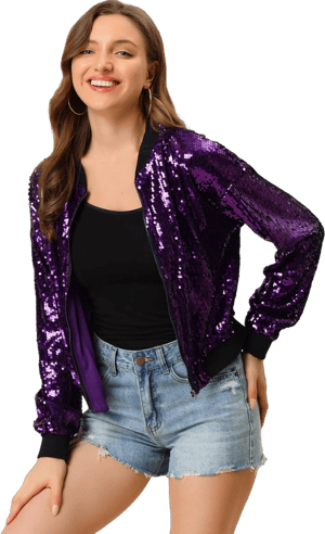 Women's Allegra K Sequin Sparkle Party Long Sleeve Zipper Bomber Jacket