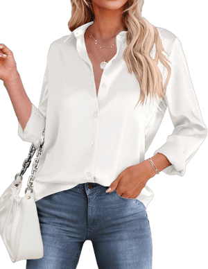 Women's Satin Silk Button Down V Neck Long Sleeve Shirt