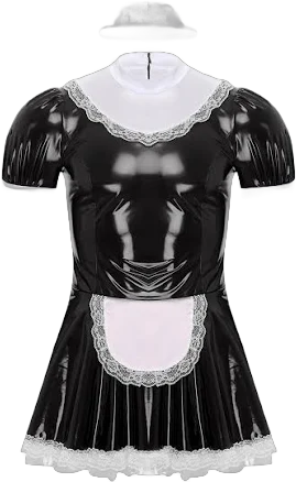 Mens Sissy Patent Leather French Maid Cosplay Dress with Lace Headband Ruffles Lace Apron Puff Sleeve A-Line Crossdresser Dress Halloween outfit 4XL