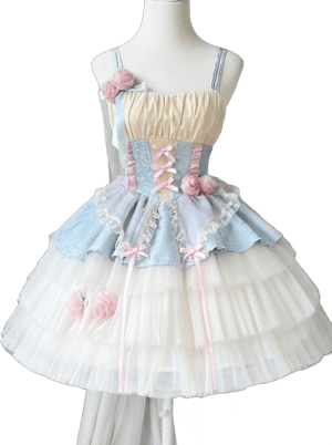 Blue and Pink Flower Decorated Tiered Lolita Jumper Skirt