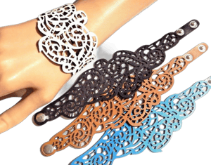 15g Wide Laser-Cut Lacey Faux Leather Wrist Cuff Bracelet