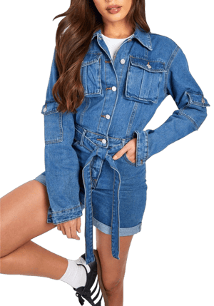 Women's Casual Elastic Waist Denim Romer with Pockets