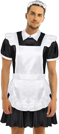 Mens Sissy French Maid Uniform Costumes Satin Dress Apron With