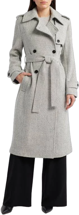 Reiss Women's Alba Black/White Wool-Blend Double-Breasted Check Trench Coat