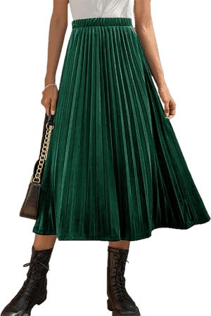 Women's High Elastic Waist Pleated Velvet Midi Skirt