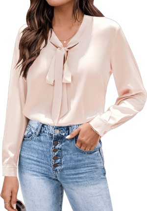 Chigant Blouses for Women Satin Silk Tops Long Sleeve Bow Tie Neck Shirt Office Work Clothes