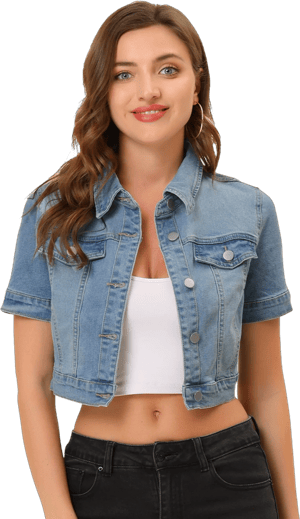 Women's Allegra K Casual Lapel Short Sleeve Crop Top Jean Denim Jacket