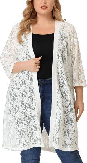 Agnes Orinda Women's Plus Size Lace Open Front 3/4 Sleeve Cardigan