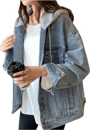 LifeShe Women's Oversized Distressed Denim Jacket with Hood