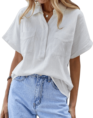 Chigant Women's Cotton Linen Blouses Short Sleeve Henley Shirts Button Down V Neck Casual Work Tops with Two Pockets