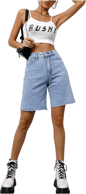 MakeMeChic Women's Casual High-Waisted Long Denim Shorts