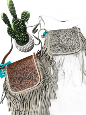 Montana West Genuine Leather Tooled Flap Fringe Crossbody