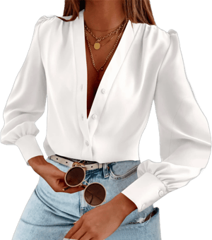 Women's Silk Button Down V Neck Long Sleeve Shirt