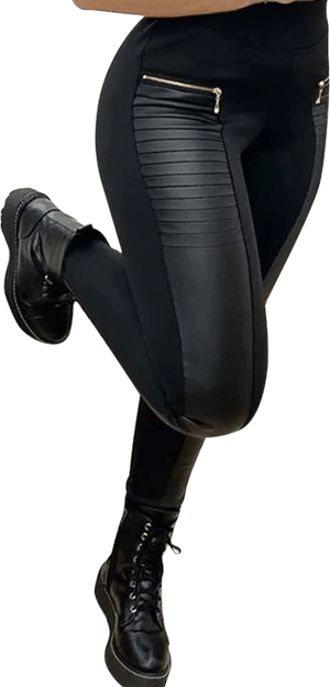 Flamingals Faux Leather Mid Waisted Tummy Control Motorcycle Leggings for Women Stretchy with Pockets Patch Zip