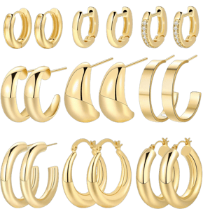 14K Gold Plated Chunky Huggie Hoop Earrings Set