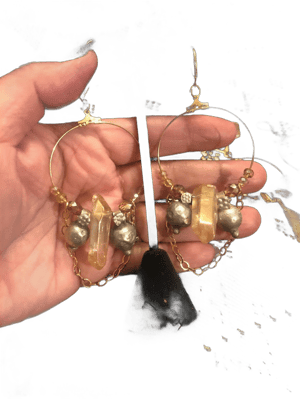 14K Plated Gold Tribal Belly Dance Hoop Earrings with Gold Quartz