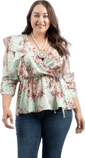 American Bling Floral Print Ruffle 3/4 Sleeve Wrap Blouse