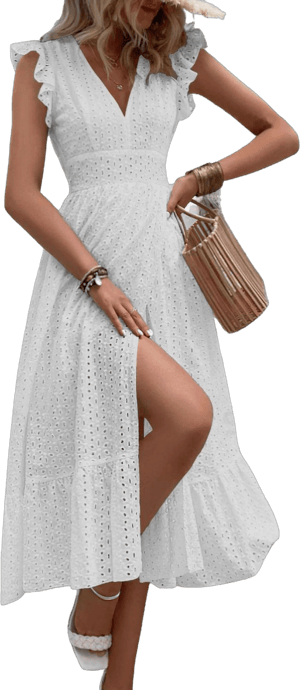 Women's Flutter Sleeve Embroidery Eyelet Lace A-Line Sun Dress