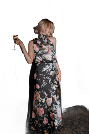 PETAL & PUP Women's Anabelle Floral Halter Neck Satin Midi Dress