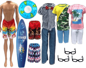 Doll Clothes and Accessories for Ken Dolls, 3 Outfits + 3 Swimsuits + 3 Glasses, Surfboards and Swimming Rings, Boys Girls Gifts Birthday