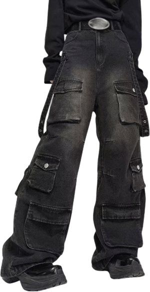 Hugboom Baggy Cargo Pants for Men Women Wide Leg Jeans Y2k Hip Hop High Waisted Pants Casual Streetwear Grunge Clothes