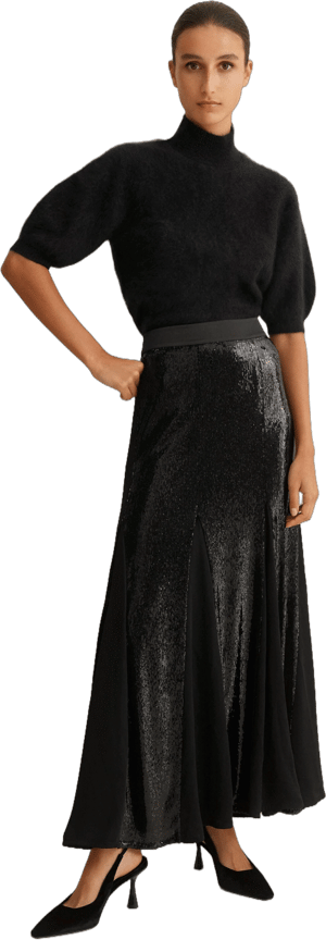 Sequined Satin Godet Maxi Skirt