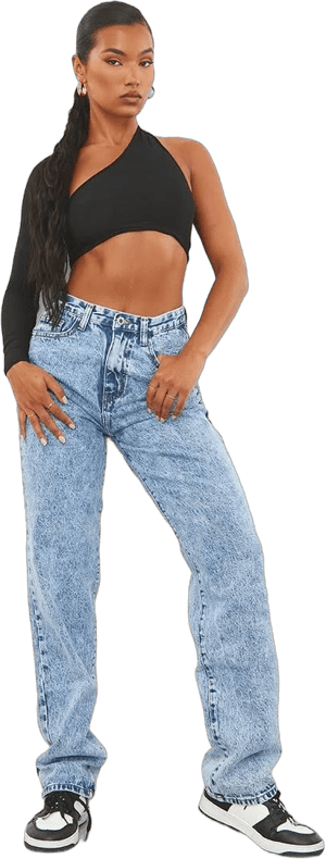 Women's Mid Blue Acid Wash High Waist Straight Leg Jeans
