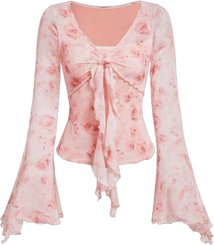 Verdusa Women's Bell Long Sleeve Floral Print Mesh Tie Front Lettuce Trim Tee Shirt Top